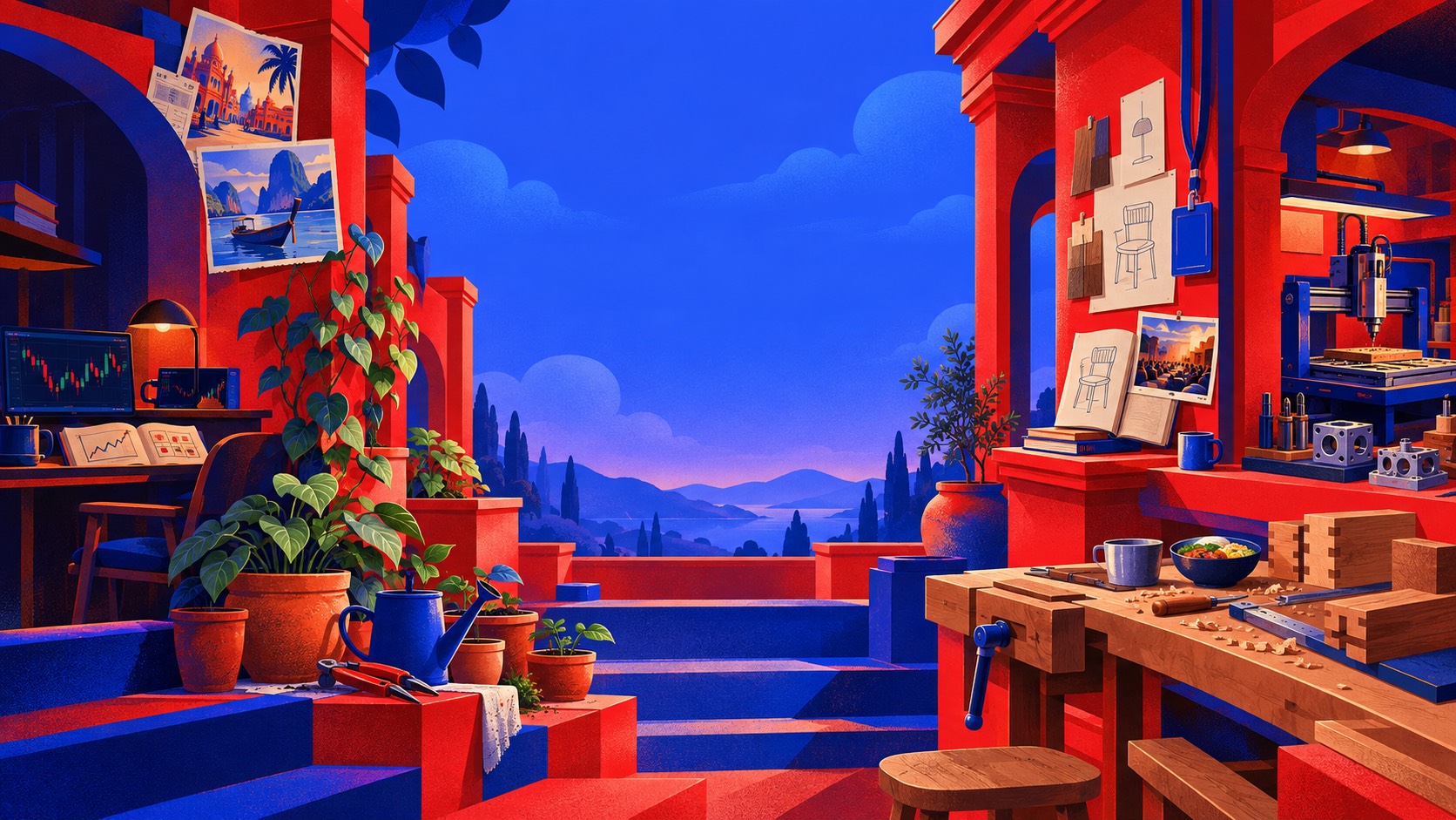 The same things at dusk, in red and blue: plants, a trading screen, a workbench and a milling machine, around a terrace that opens onto hills and the sea.