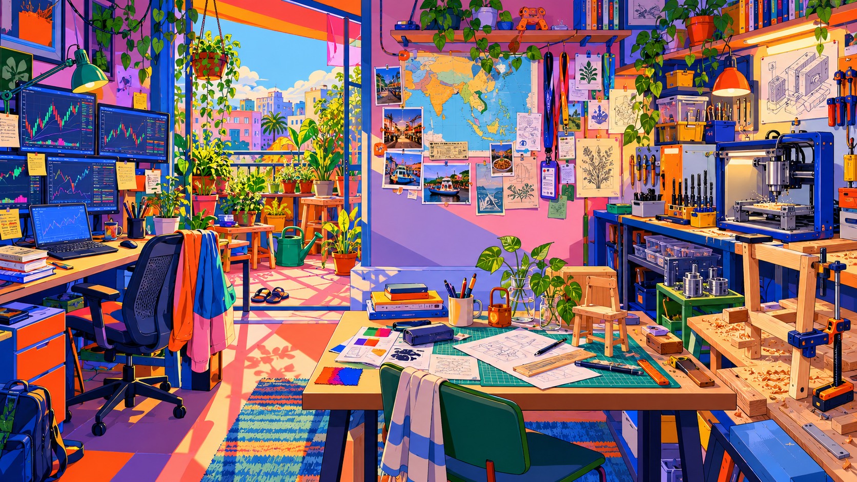An illustrated room full of the sabbatical: trading screens, a balcony garden, a map pinned with travel photographs, a woodworking bench and a small milling machine.